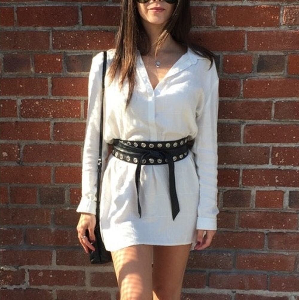 BRAVE Leather Wrap Belt Black Obi Wide Silver Grommet Tie Waist Cincher Grunge